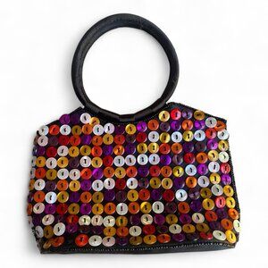 Vintage 90s / Y2K K.C. Malhan button beaded purse clutch round handles black